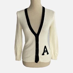 Abercrombie & Fitch Cardigan Sweater Women Small Cream Navy Varsity Patch 1R4104